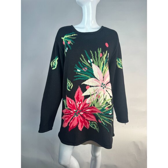 Belle Isle  Poinsettia Holiday Sweater  1X Black   Cotton Blend - Picture 11 of 16